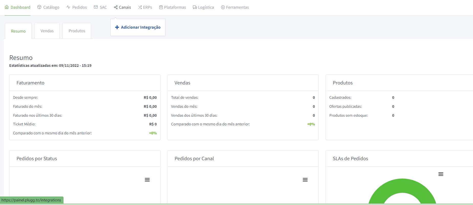 No painel da Plugg.To, acesse a aba de Canais e em seguida clique em Adicionar Integração